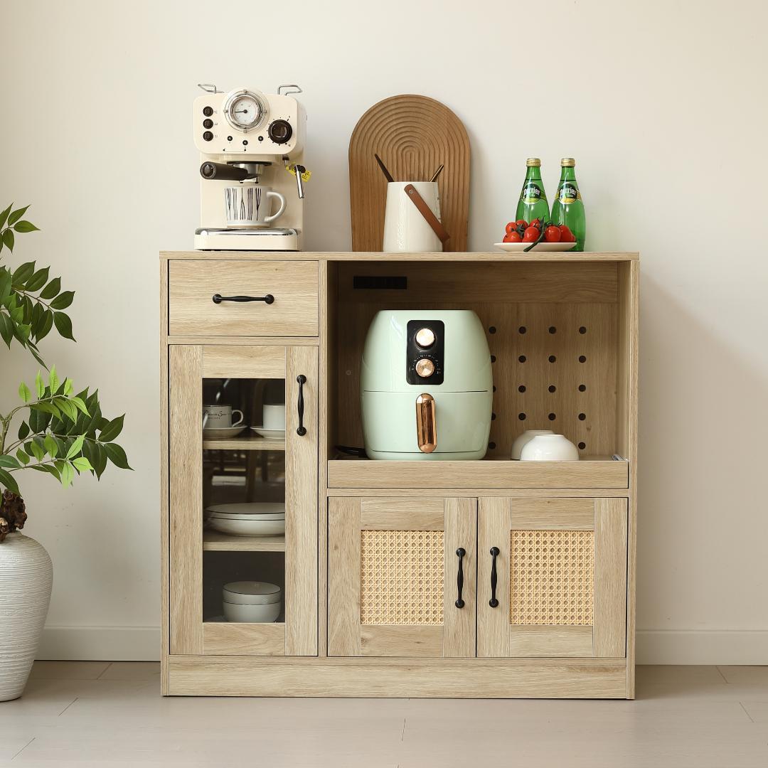 キャビネット レンジ台 キッチン収納幅88cm ガラス コンパクトNATURAL