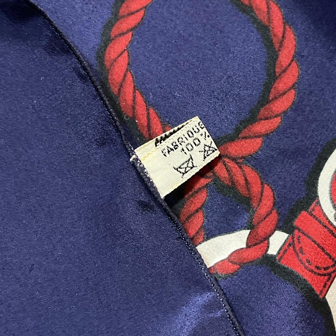 エルメス HERMES スカーフ 馬具 ロープ柄 ネイビー 紺 赤 シルク