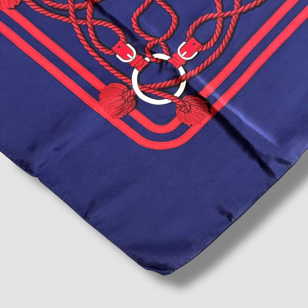 エルメス HERMES スカーフ 馬具 ロープ柄 ネイビー 紺 赤 シルク