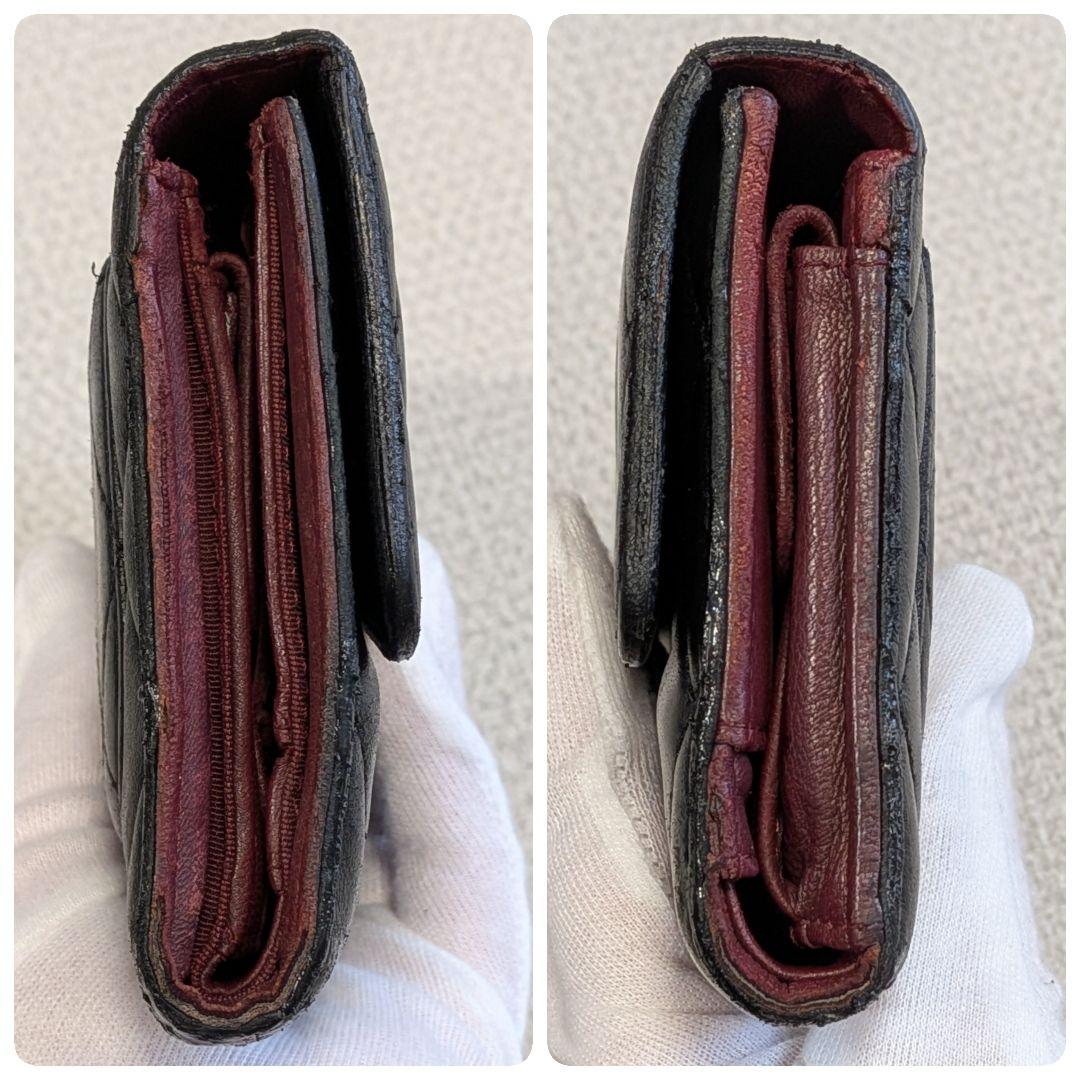 シャネル　マトラッセ　三つ折り長財布　ラムスキン　黒　チェーンショルダー