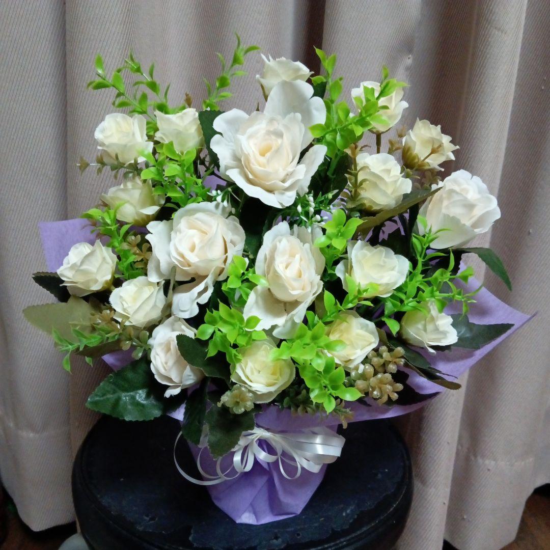 仏花　お供え花　造花　白薔薇　アレンジ
