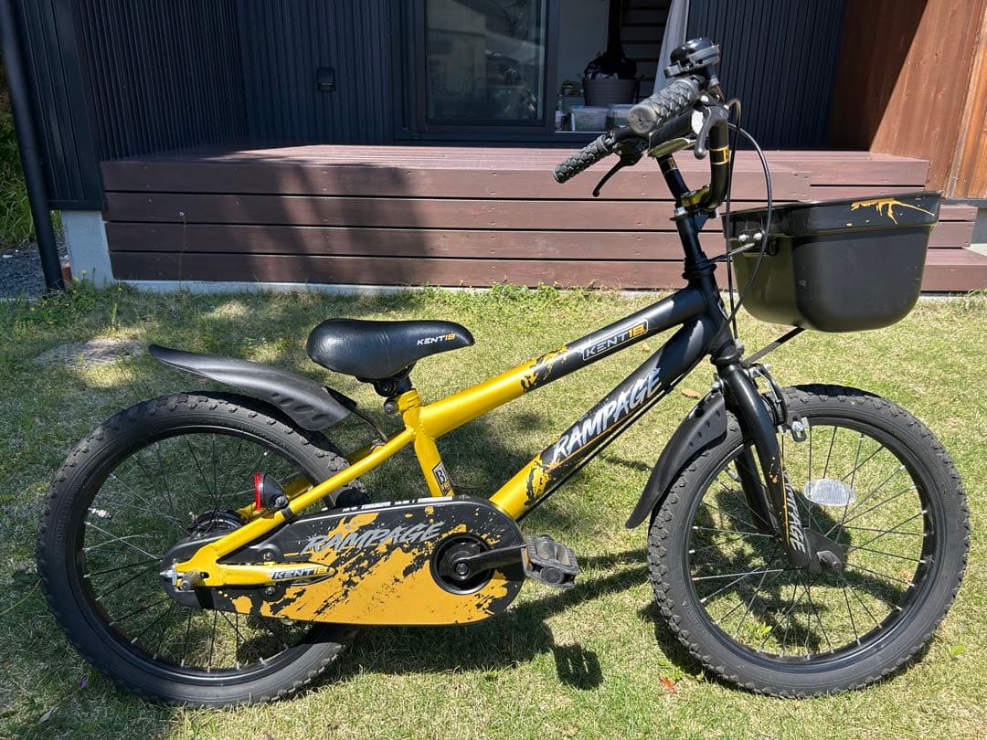18インチ　RAMPAGE キッズバイク 黒/黄 前カゴ付き