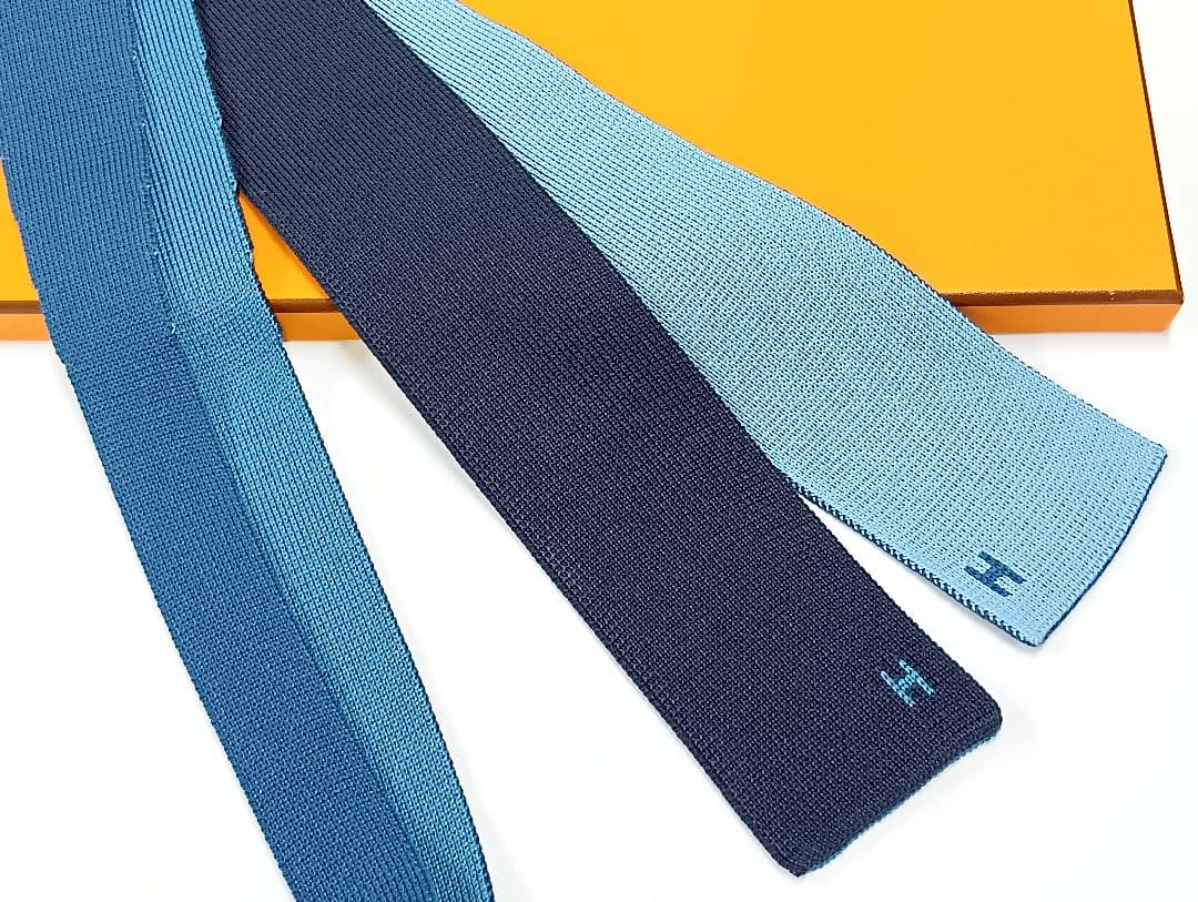 474 HERMES エルメス 青系 ニット リバーシブル ネクタイ