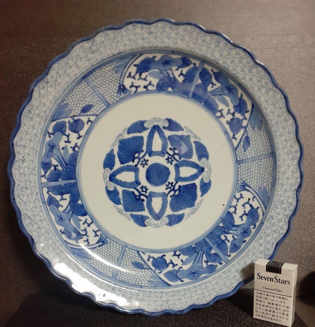 【上作品❗️】江戸時代後期　古伊万里　染付　朝顔に幾何学文様　44.7cm大皿