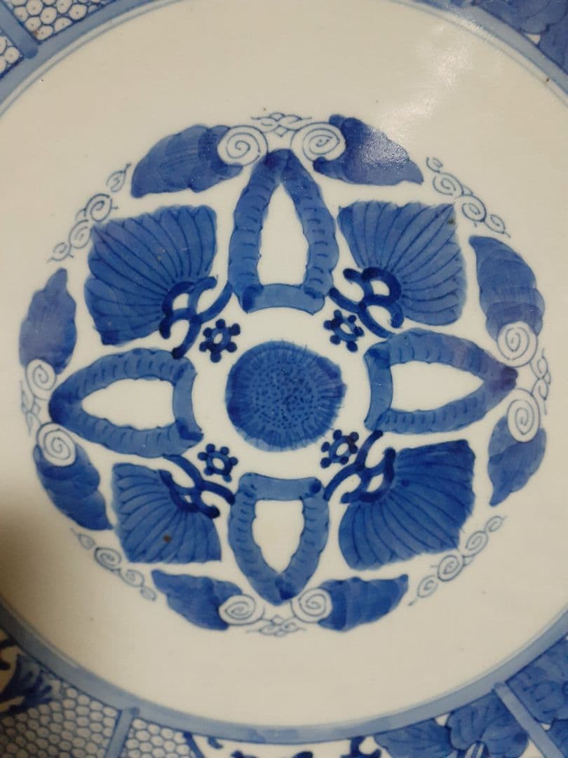 【上作品❗️】江戸時代後期　古伊万里　染付　朝顔に幾何学文様　44.7cm大皿