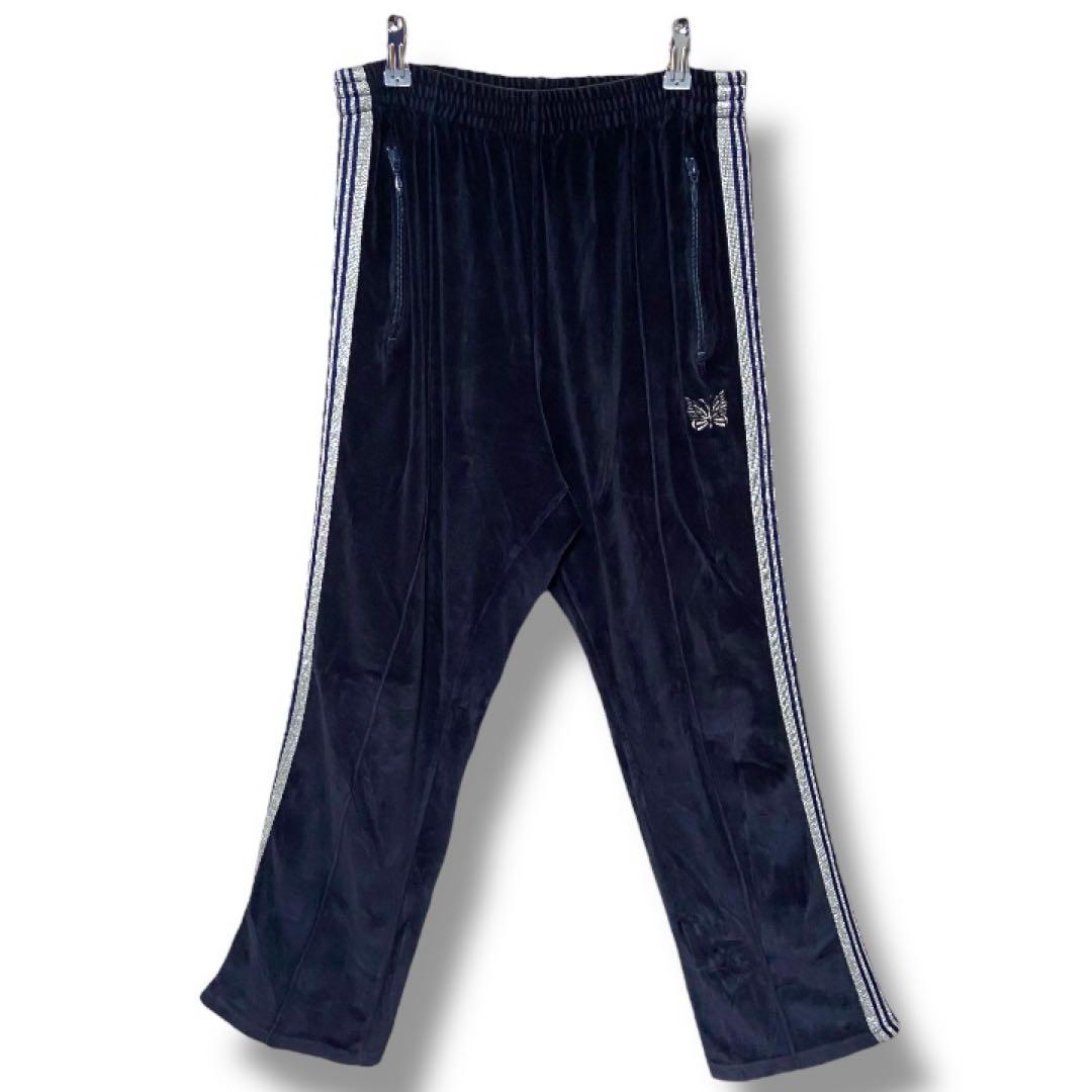【入手困難】Needles ニードルス ベロア トラックパンツ 紺M 刺繍ロゴ