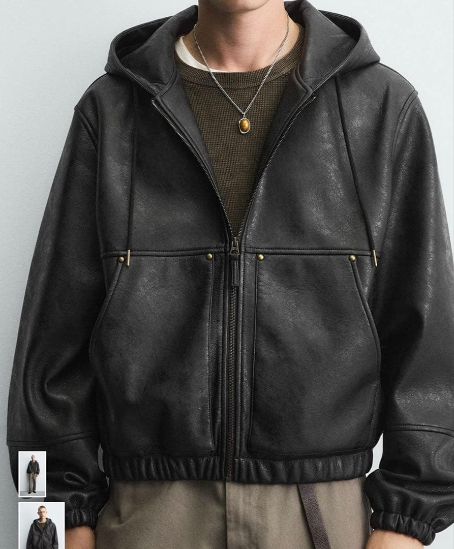 ZARA レザーパーカー　フーデッド　ジャケット