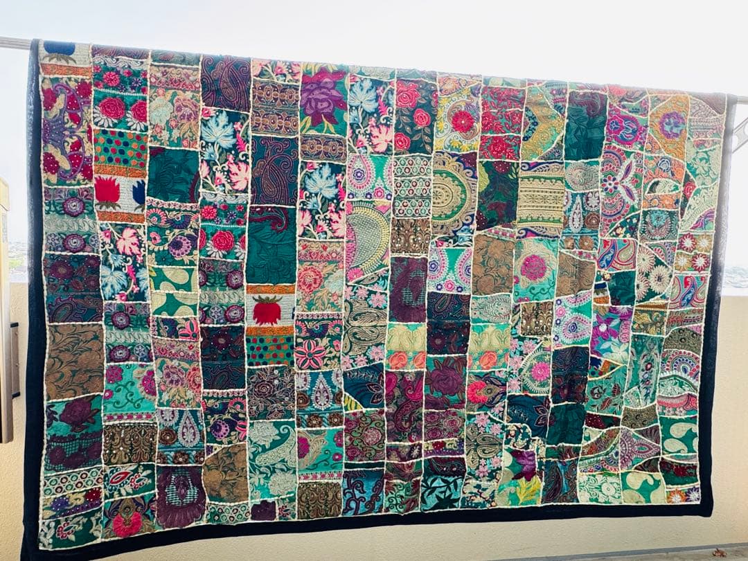 【新品未使用】【特大約3畳】インド豪華アンティーク刺繍ラグ 、カバー（緑