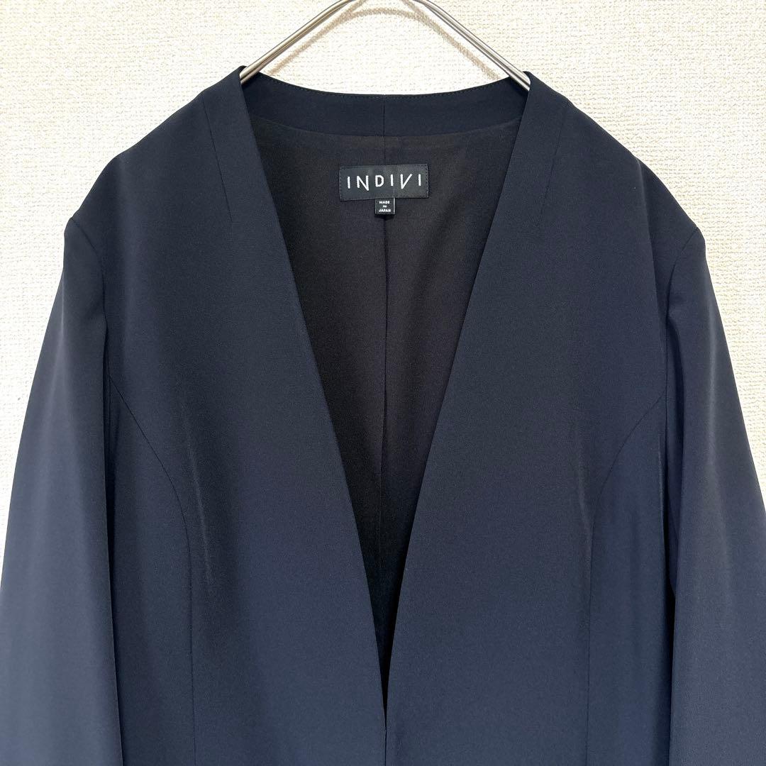 極美品✨インディヴィ パンツスーツ セットアップ ノーカラー LL・XL 紺色