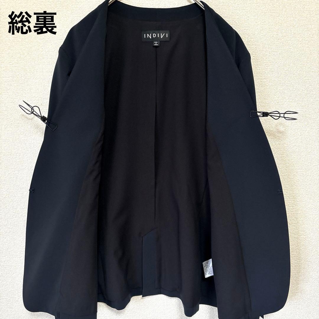 極美品✨インディヴィ パンツスーツ セットアップ ノーカラー LL・XL 紺色