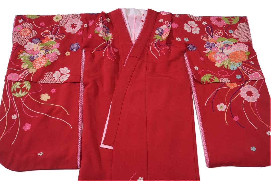 7-七五三　舞子　7歳　女の子　着物　襦袢付き　赤色　花柄