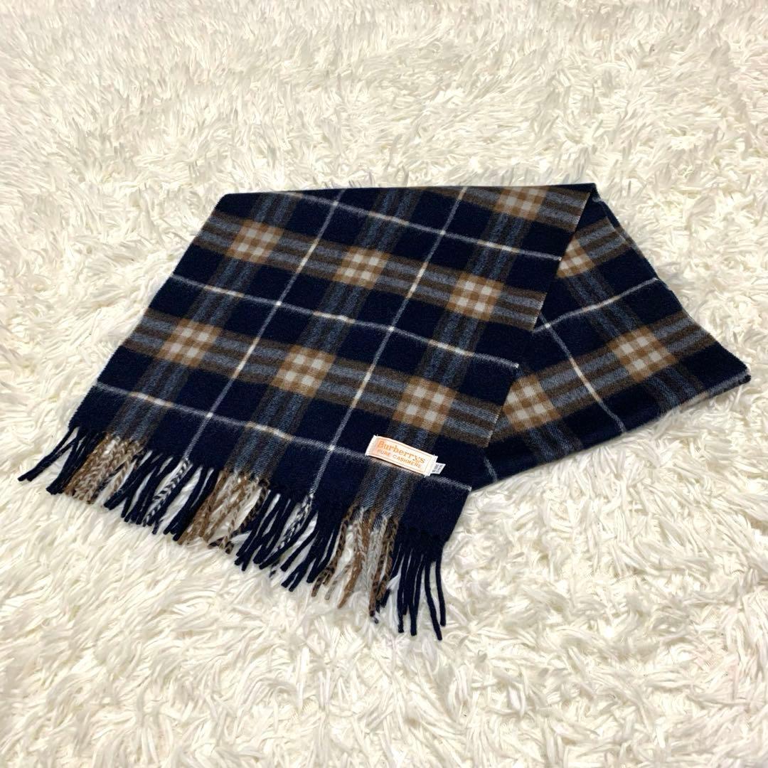 【未使用級】 Burberrys バーバリー ピュアカシミヤ マフラー ネイビー