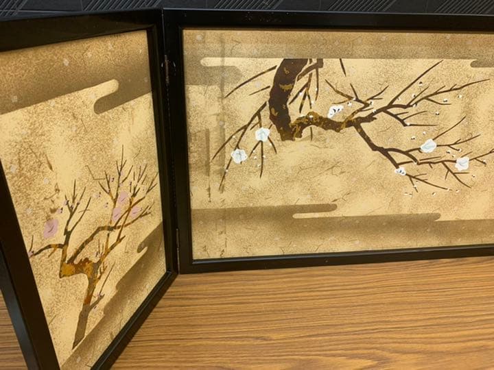 三月三枚折屏風　40号　梅と御所車