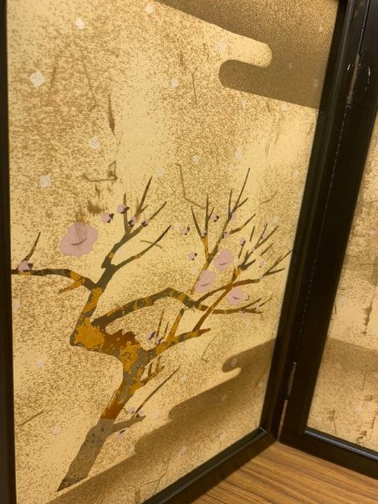 三月三枚折屏風　40号　梅と御所車