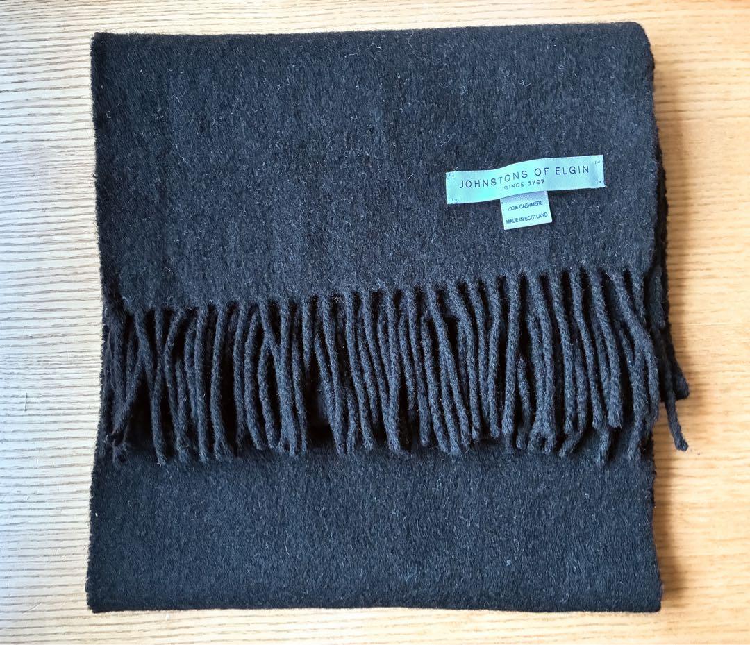 美品 ジョンストンズ カシミヤ100％ マフラー 黒　無地　正規品　WA16