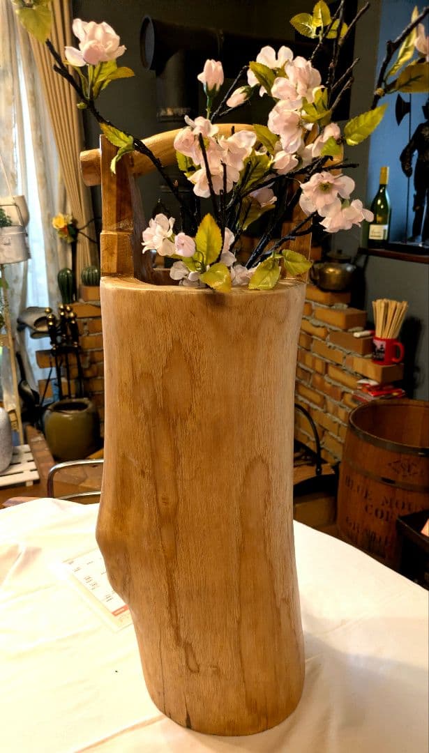 木製花瓶　桶　傘立て自然な形状 持ち手付き　インテリア　古道具