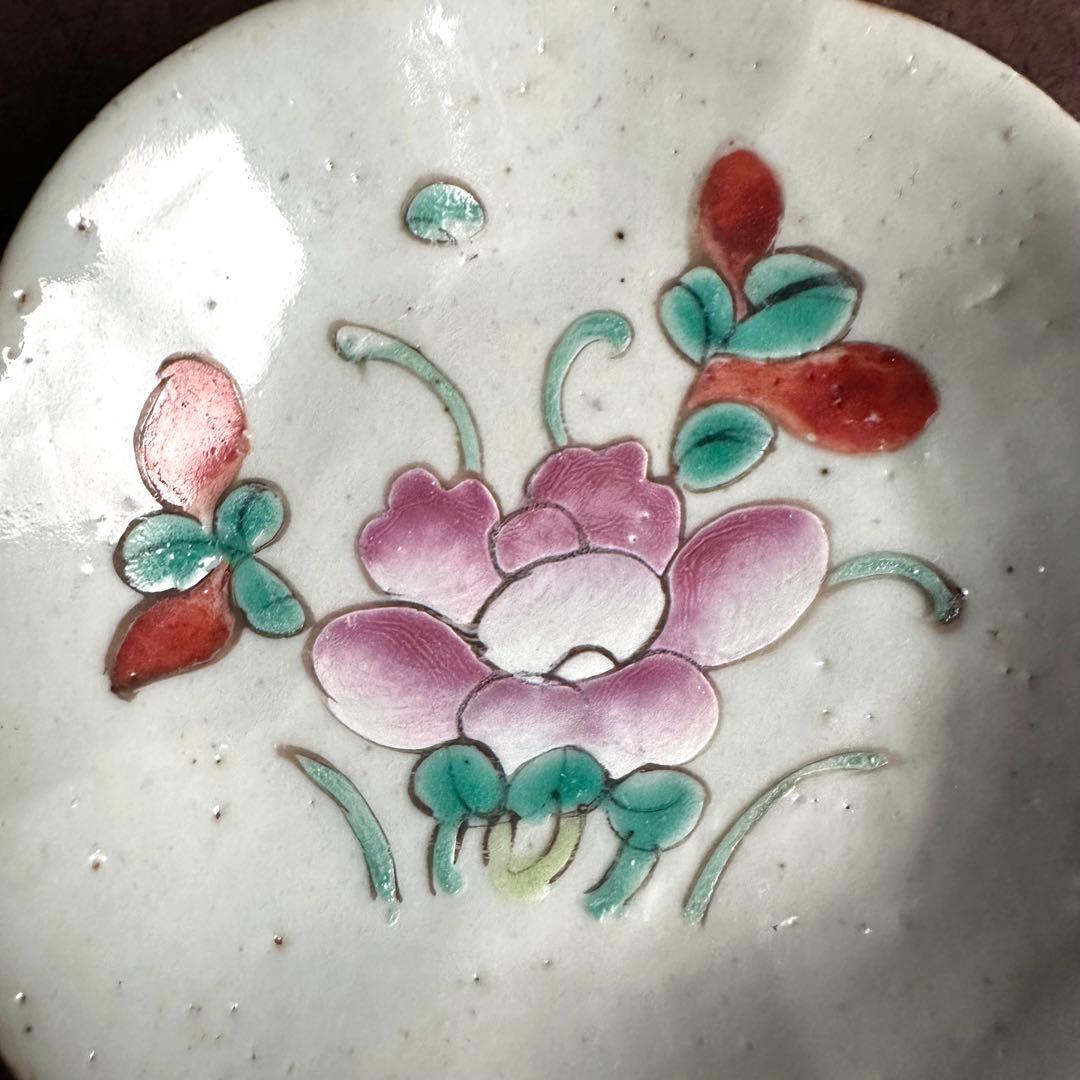【希少】清朝期　粉彩　花の図　輪花皿　台皿　小皿　中国古玩　中国美術　骨董品　A