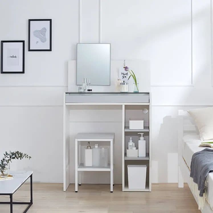 ドレッサー鏡台鏡メイク台チェア付きコンパクト省スペース棚木目調ガラス天板引き出し