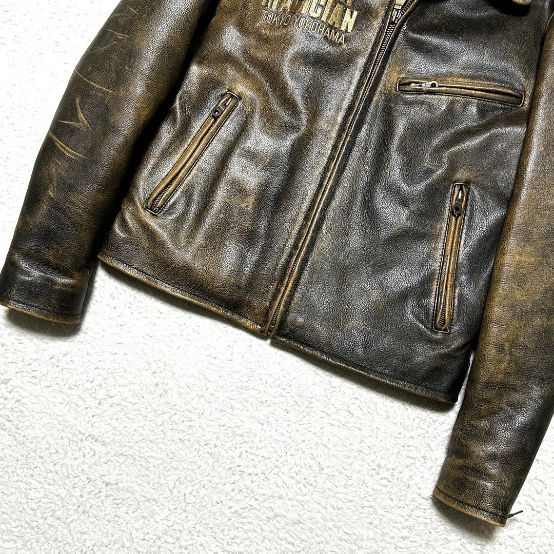 YeLLOW CORN シングルライダース 金刺繍 ロゴ ワッペン ブラウン L