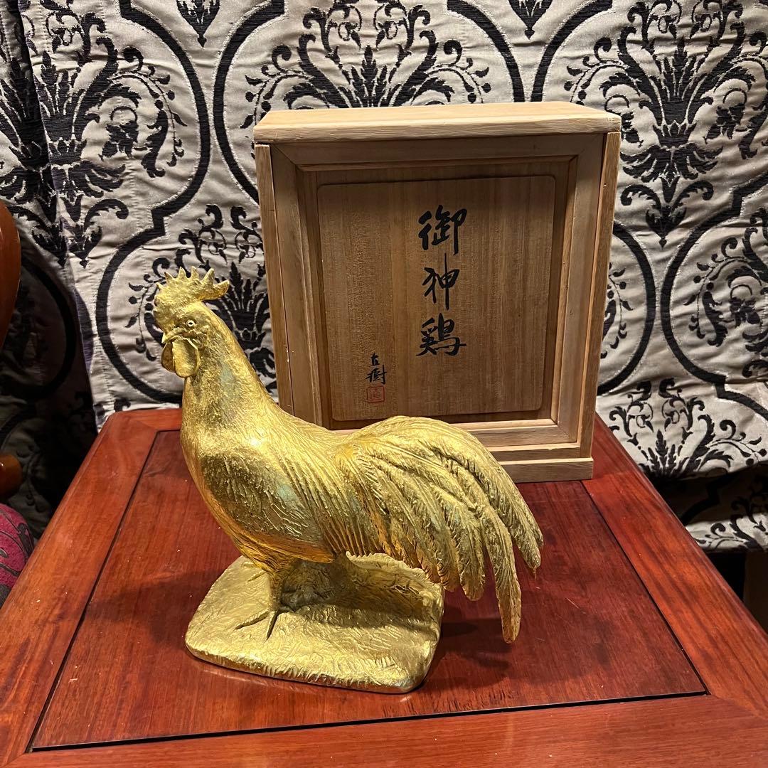 富永直樹 定価25万ブロンズ製 金箔仕上げ 御神鷄 ひとみ桐箱付　酉　インテリア