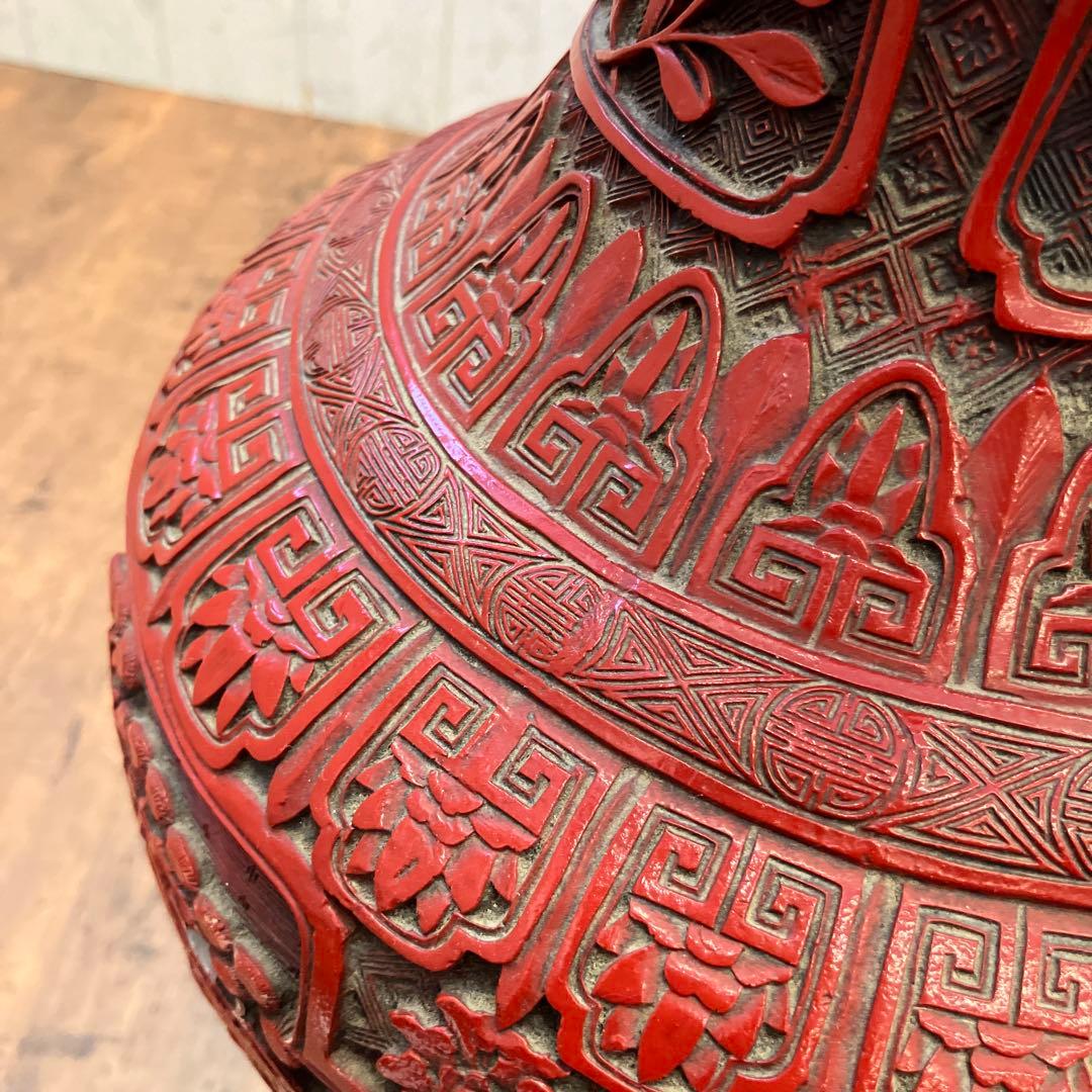 中国美術 彫漆 置物 飾り インテリア オブジェ 壺 花瓶 花入れ 花立て 花生