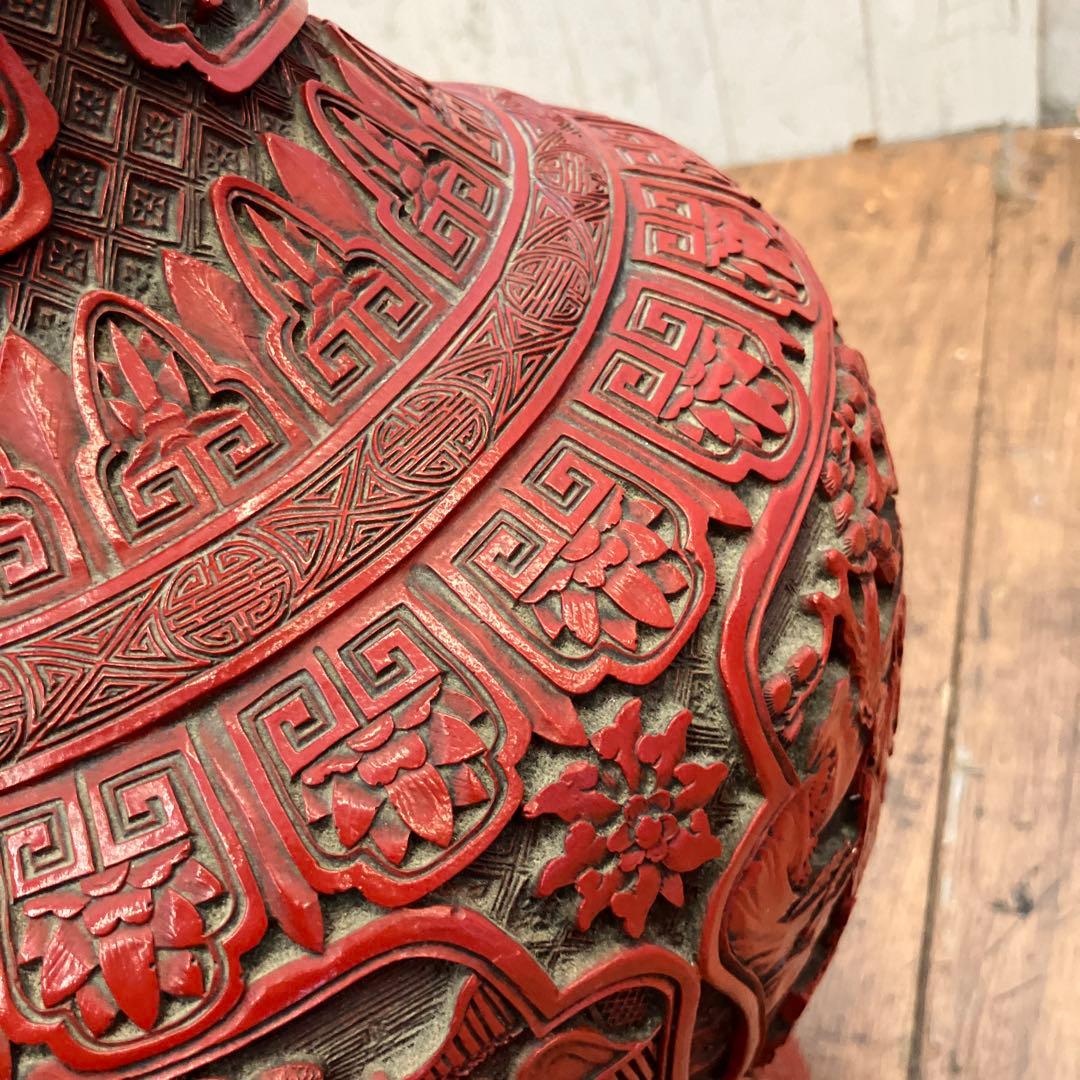 中国美術 彫漆 置物 飾り インテリア オブジェ 壺 花瓶 花入れ 花立て 花生