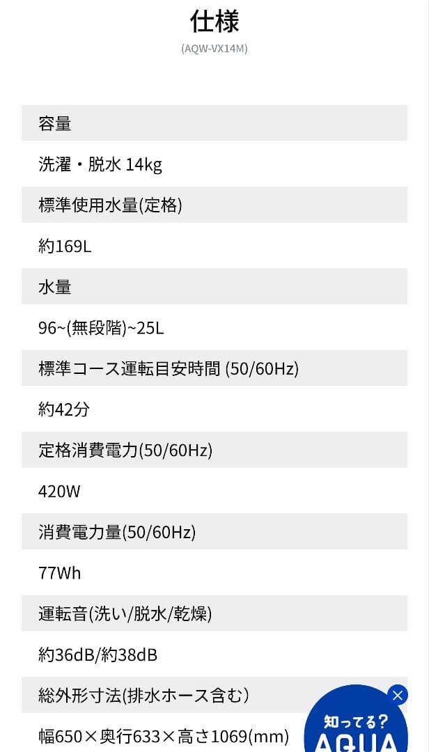 専用AQUA Prette plus AQW-VX14M 洗濯機 14kg
