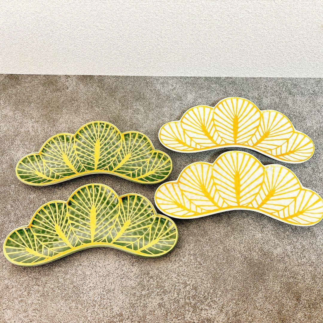 aym様ご依頼品　有田焼　幸楽窯　錦金松葉形前菜皿　茶緑金　白金　4点セット