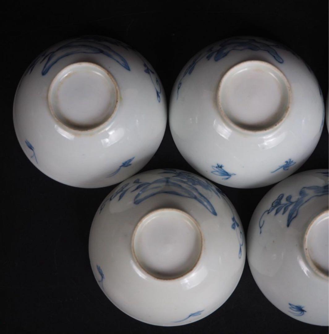 送料無料　江戸時代　青華染付蓋付茶碗５客　径7.6ｃｍ　小振り・極珍品