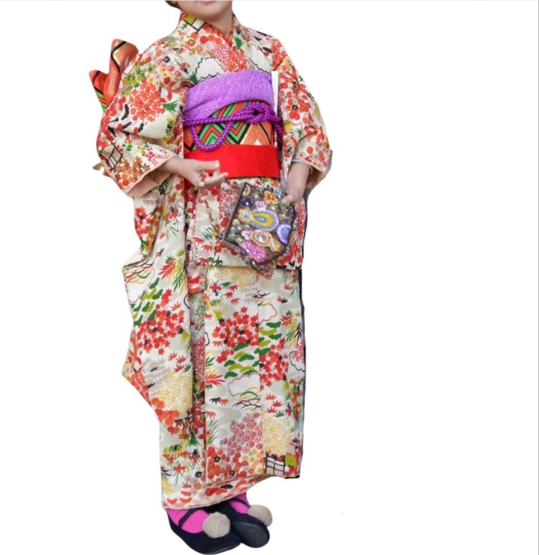 七五三　7歳　着物　作り帯　セット　女の子　7才　アンティーク　赤　四つ身