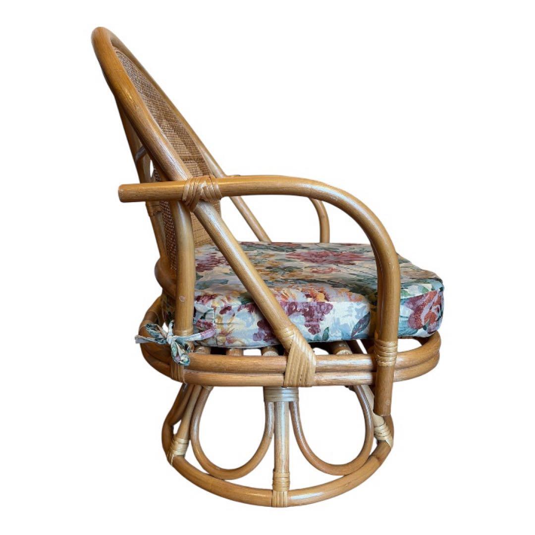 【送料無料】レトロ籐ラタン回転チェア花柄座面美品おしゃれ人気インテリア天然木風調
