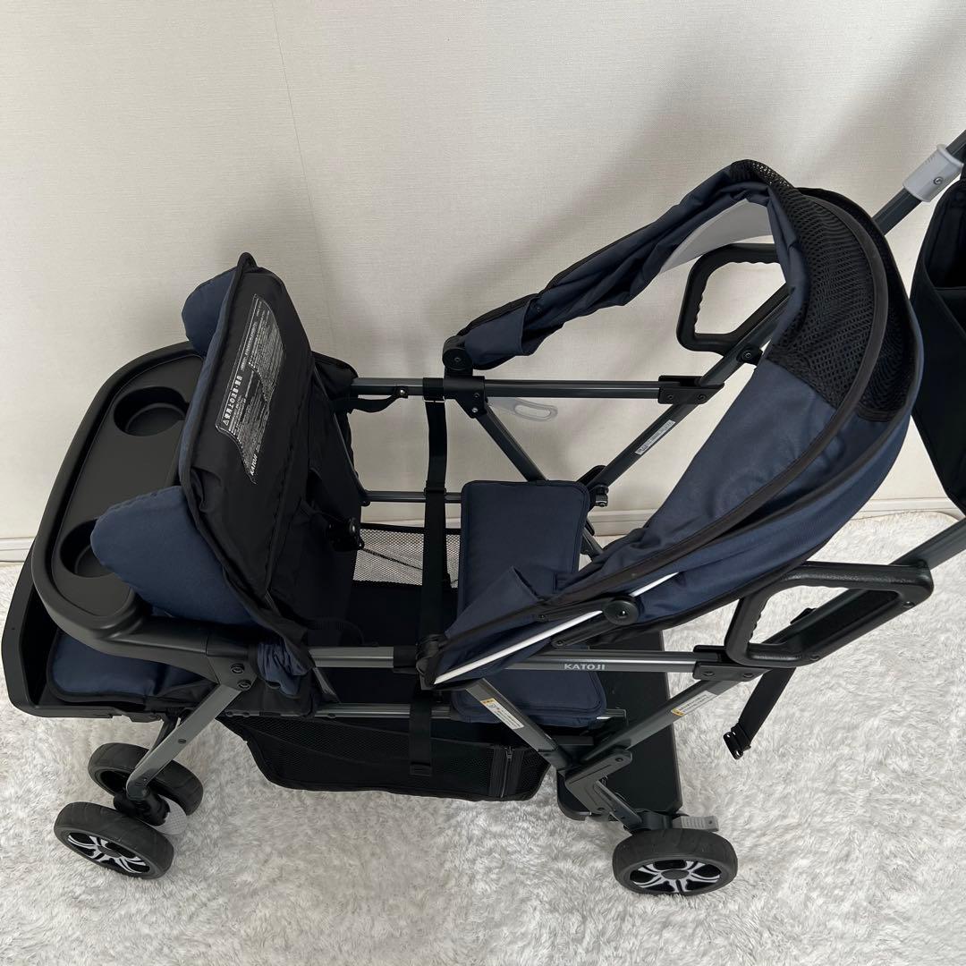 極美品✨カトージ 2人でゴー 縦型 スリム 2人乗りベビーカー レインカバー付き
