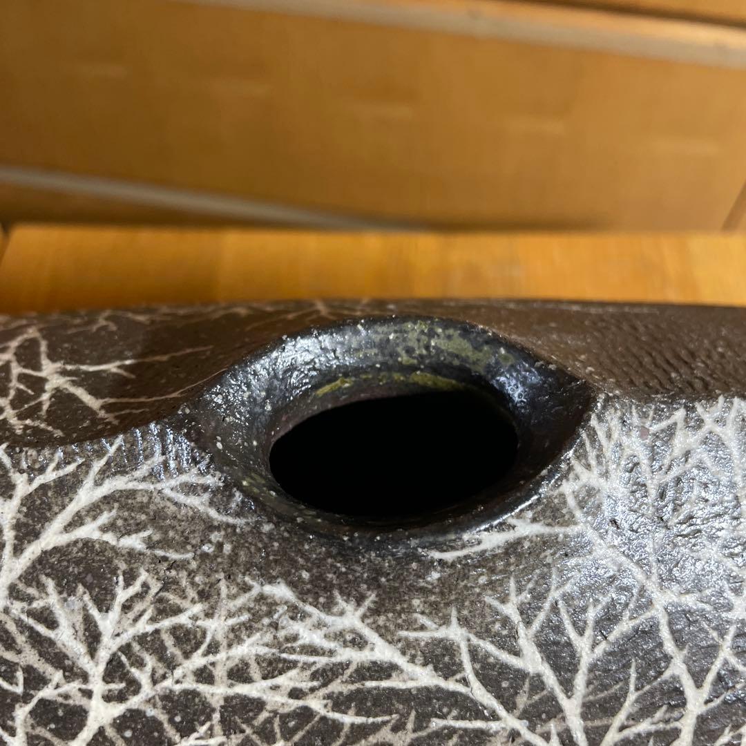 益子焼　佐伯守美　象嵌樹林文扁壺　共箱