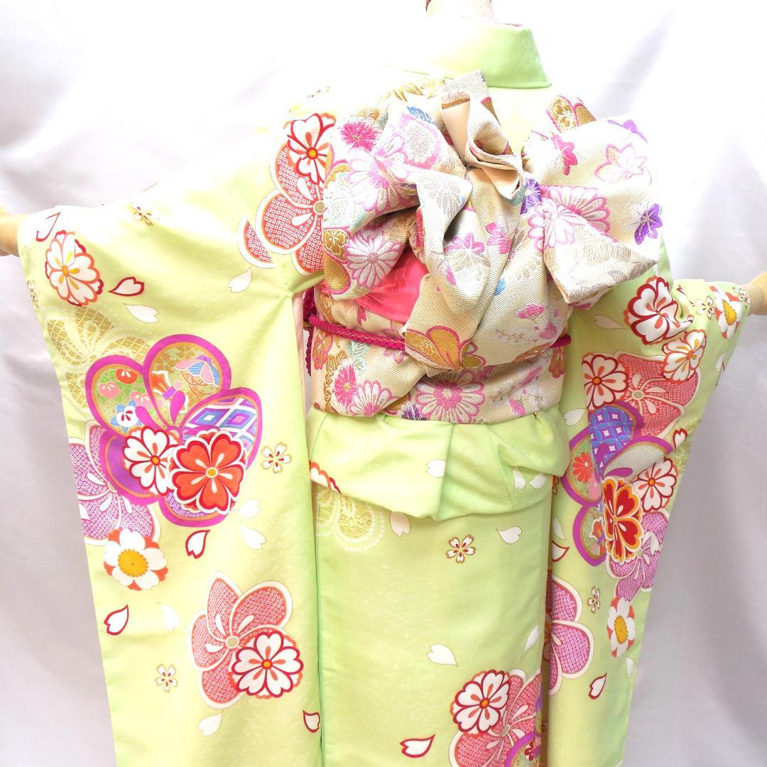未使用品★洗える振袖　振袖フルセット　成人式　振袖　Ｌサイズ　トール　黄緑　花柄