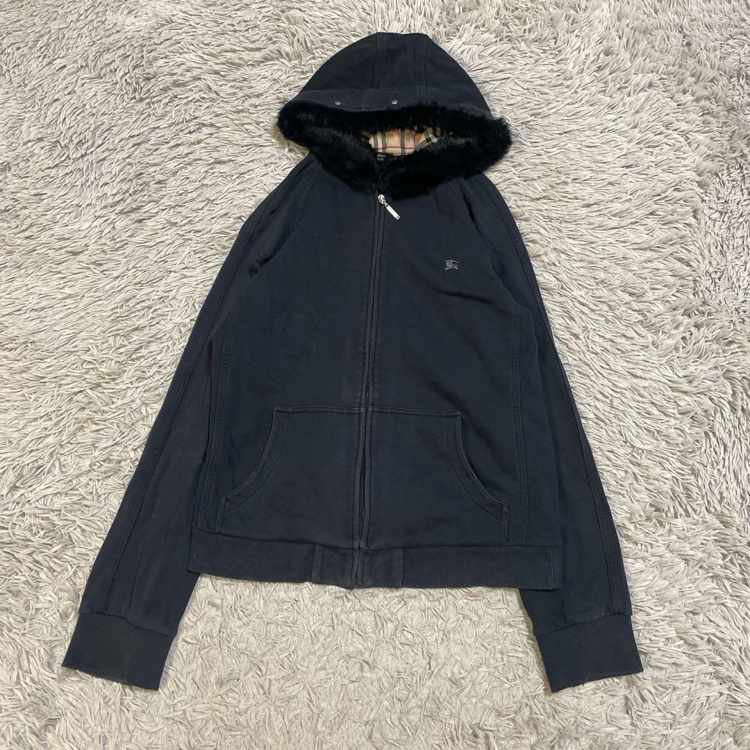 バーバリーブラックレーベル ラビットファー ジップパーカー ノバチェック 黒 L