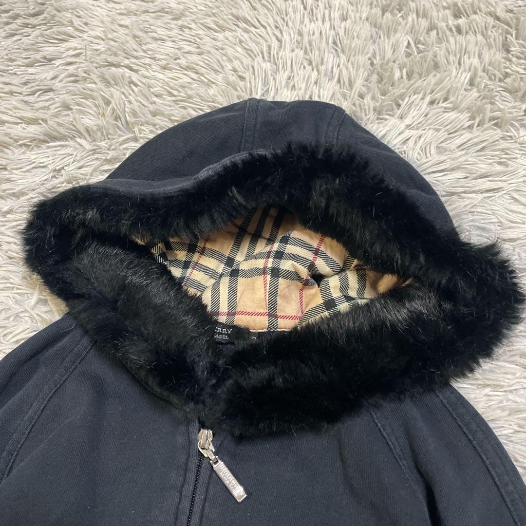 バーバリーブラックレーベル ラビットファー ジップパーカー ノバチェック 黒 L
