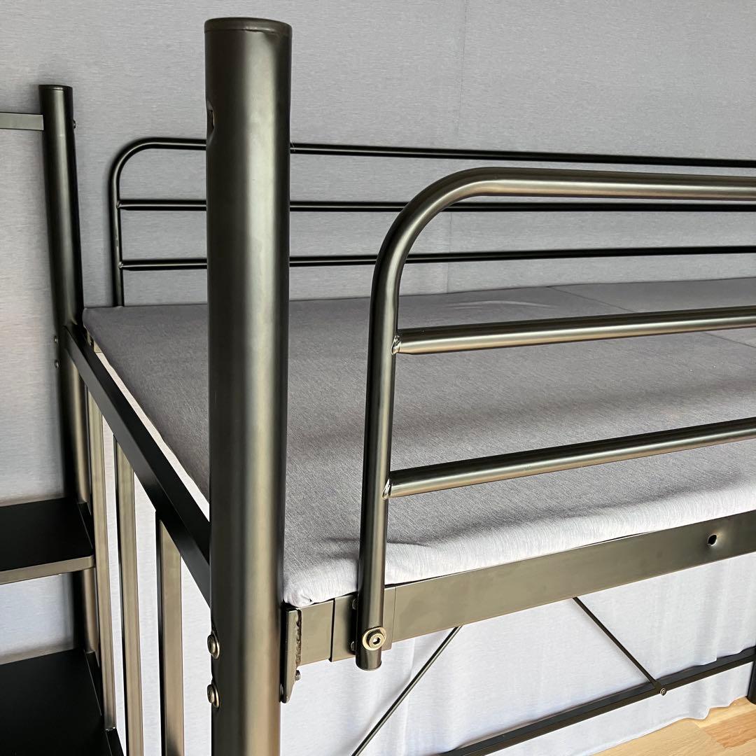 ロフトベッド階段式 スチール製 黒 宮&2口コンセント