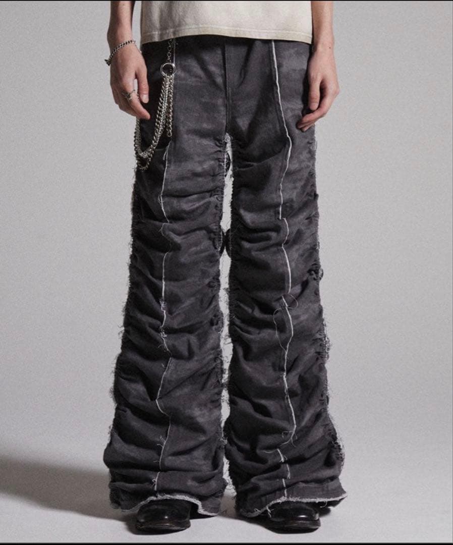 【GRANCY】 シャーリングダメージデザインコットンパンツ S グレー