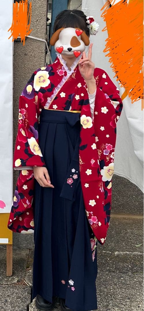 arisana 赤色花柄 着物と袴、髪飾りセット 150㎝