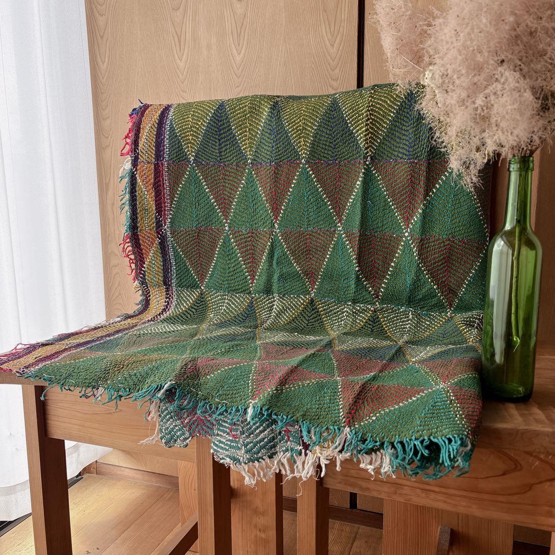 未使用＊訳アリ　ヴィンテージラリーキルト　グリーントライアングル　マルチカバー