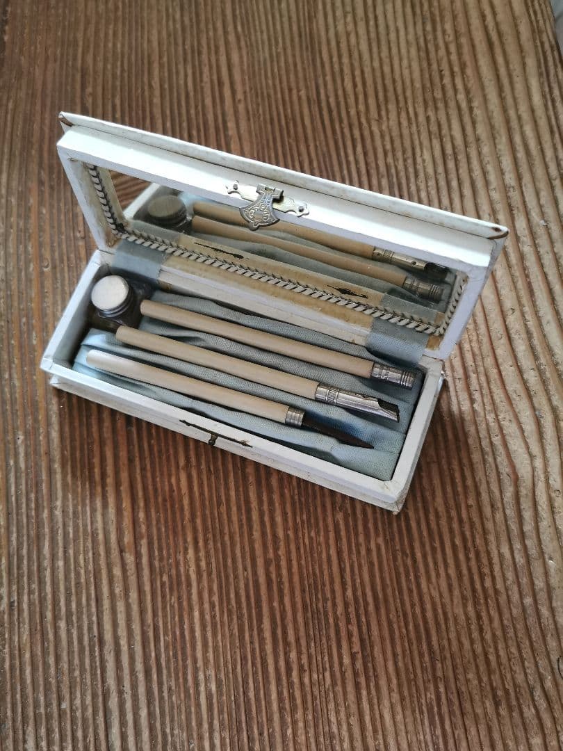 アンティークフランス インクペンケース 水色布張り少女イラスト パピエボックス