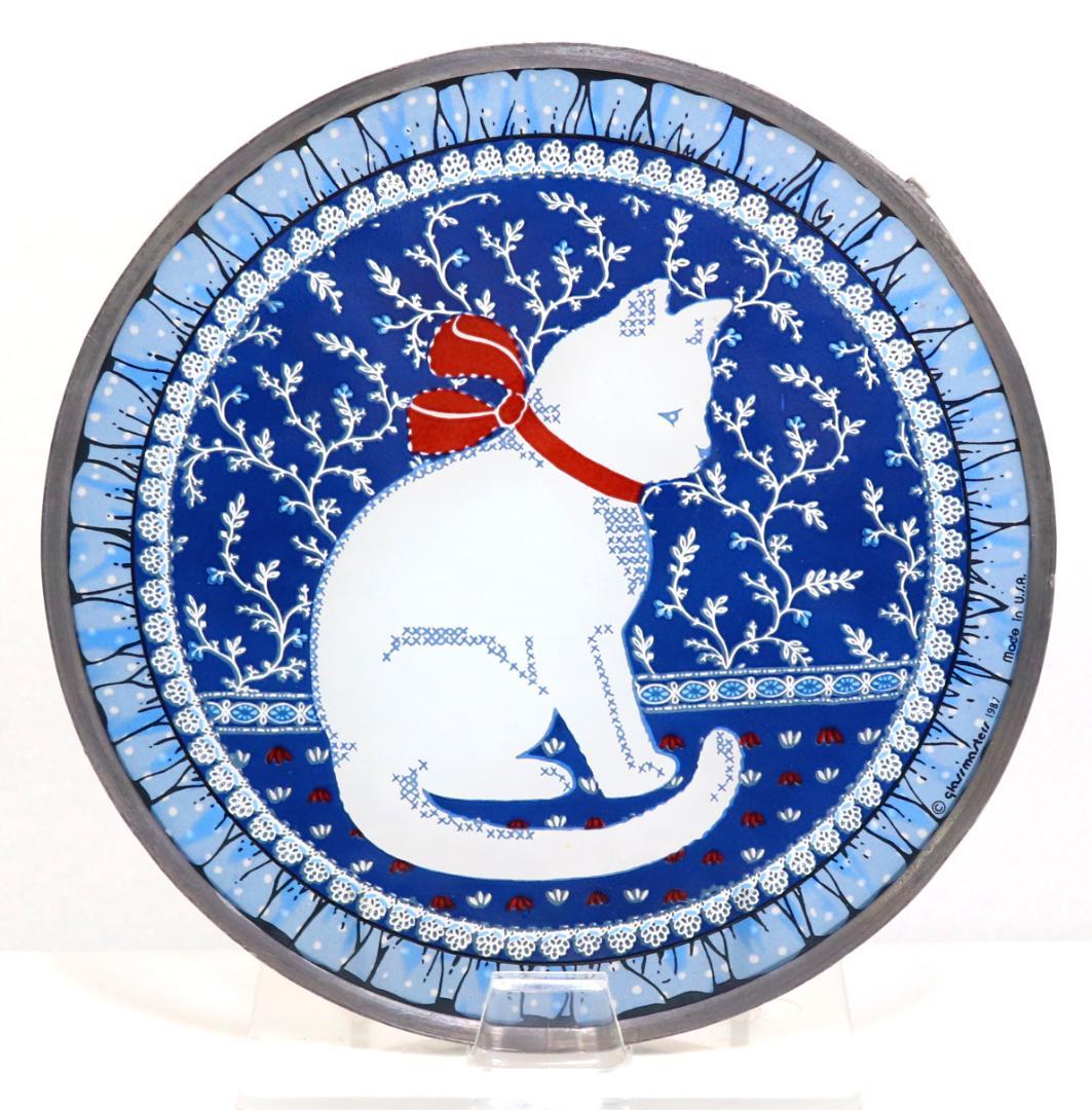 赤いリボンを巻いた白猫 ヴィンテージ ステンドグラス レア 丸型 ブルー 青