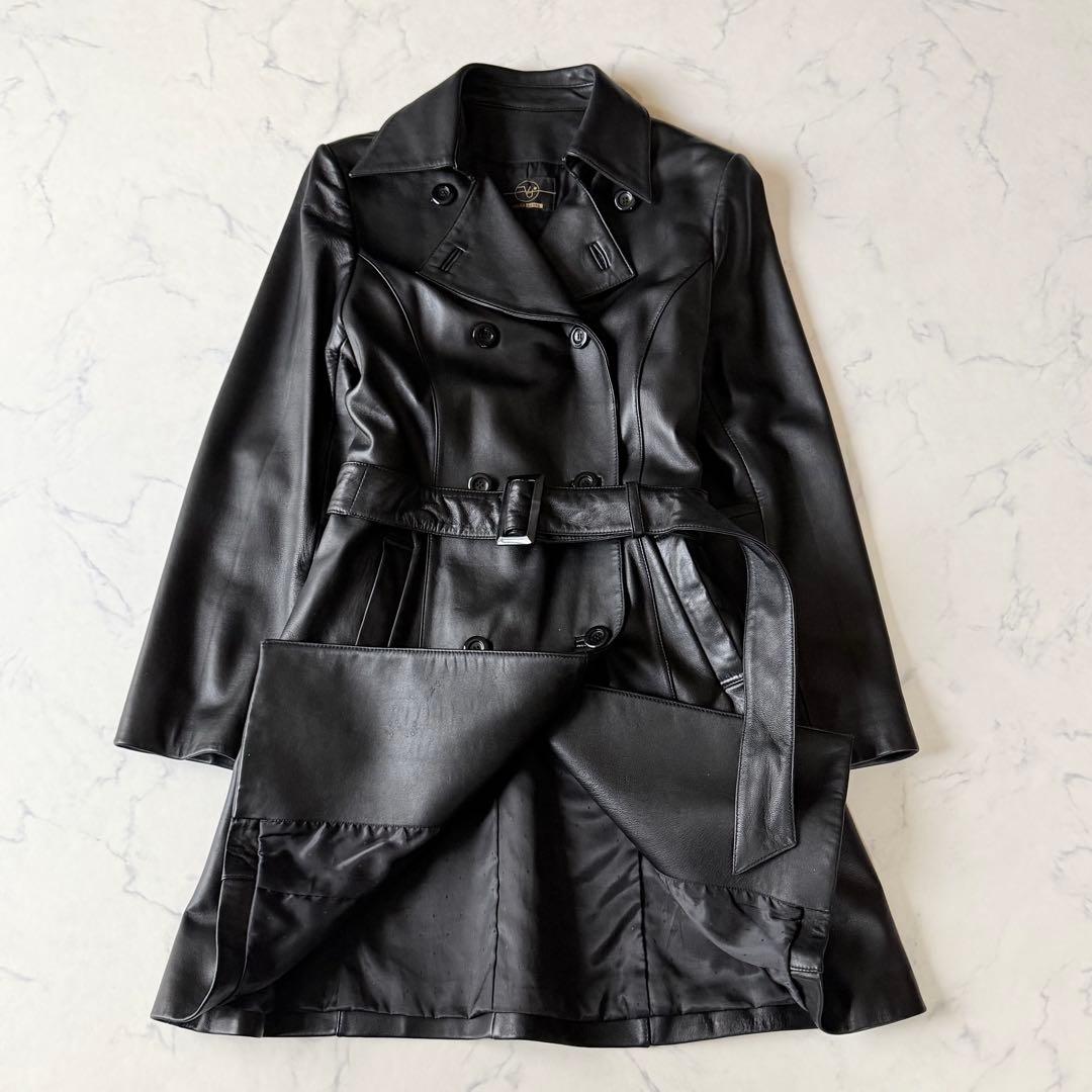 【高級本革】大きいサイズ 13AR 羊革 レザーコート ベルト付 黒 裏地ドット