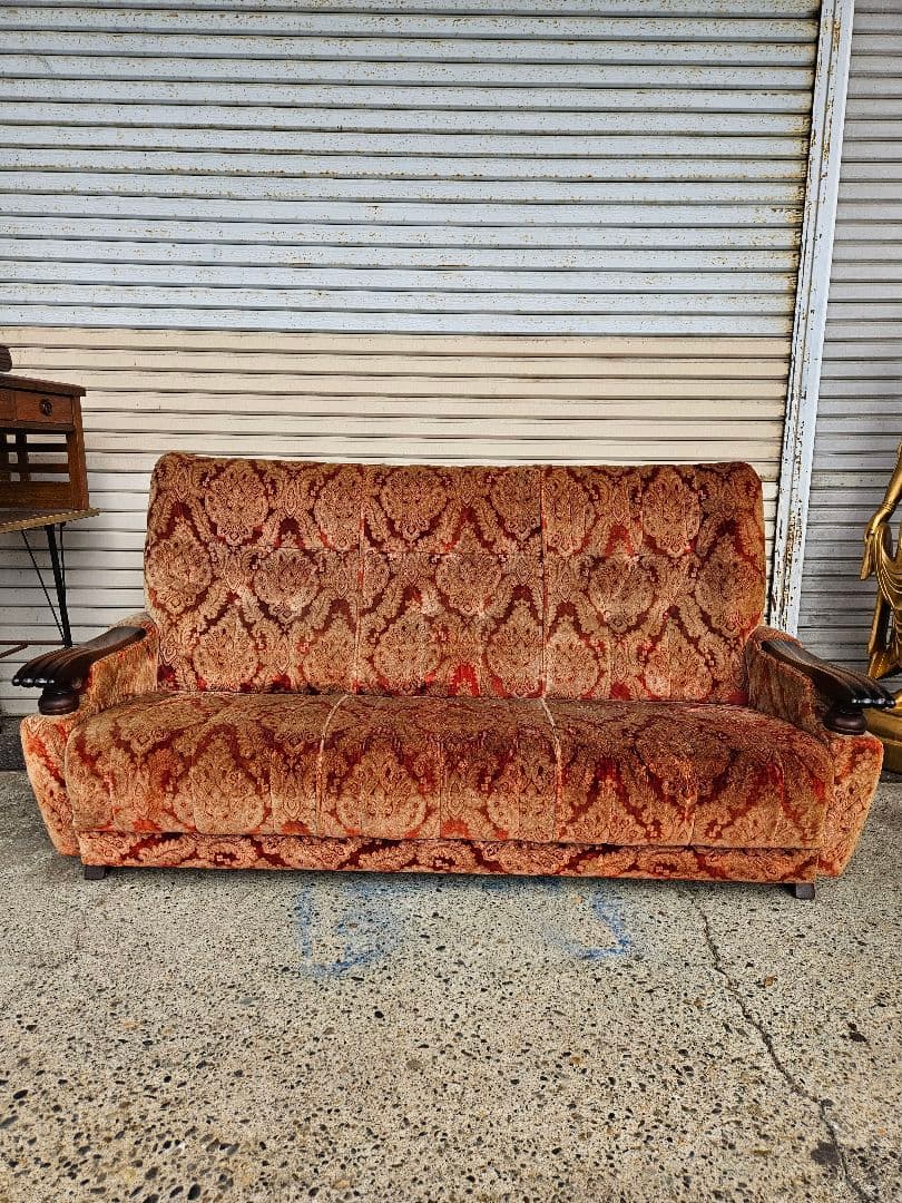 ヴィンテージ モケット 3人掛けソファ ベロア 総柄 長椅子 レトロ