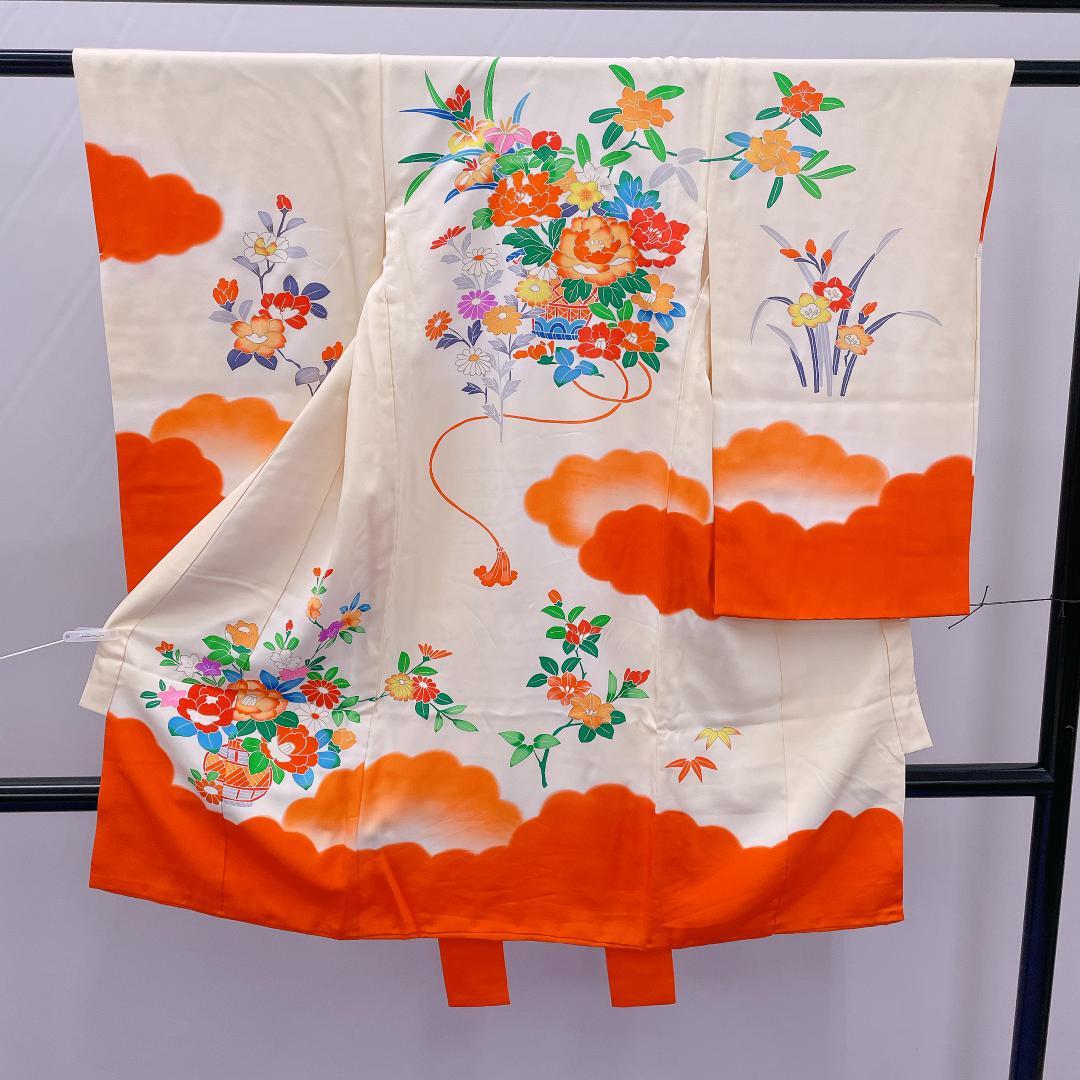 ★3962★ 子供着物 一つ身 単品 女の子 七五三 3才 朱色 花柄