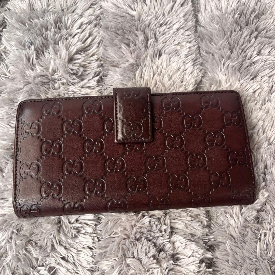 良品✨GUCCI シマ　ロゴプレート　Wホック　ダークブラウン　長財布　メンズ