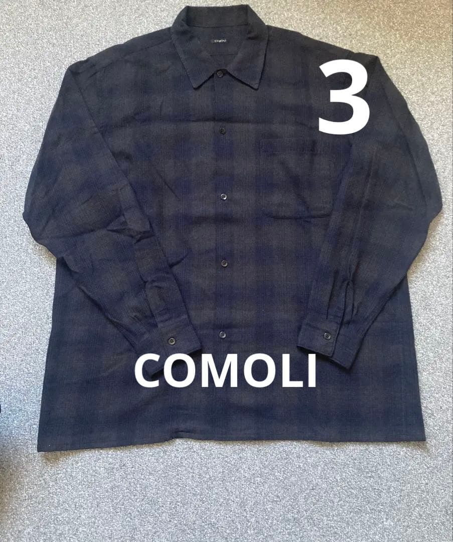 COMOLI コモリ ウールチェックオープンカラーシャツ NAVY 3