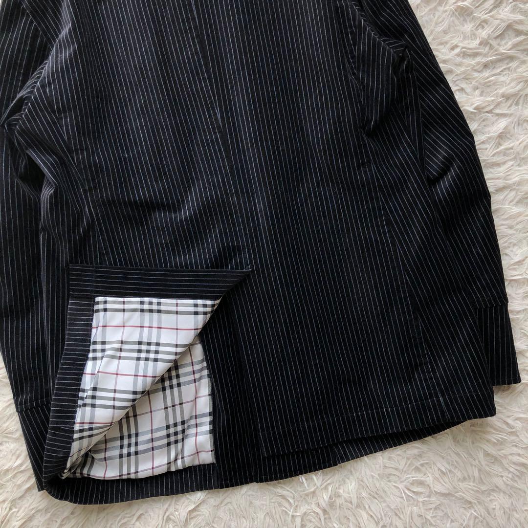 バーバリーブラックレーベル　ステンカラーコート　紺　ベロア　光沢　ホース刺繍