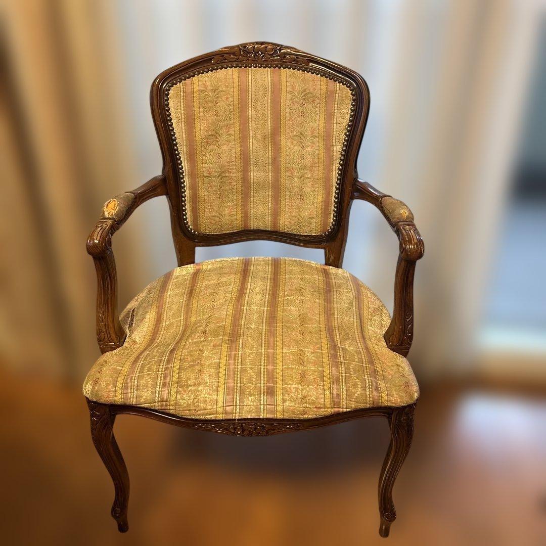 アンティーク　猫脚アームチェア　ピンクストライプ　ヨーロピアン　ダイニングチェア