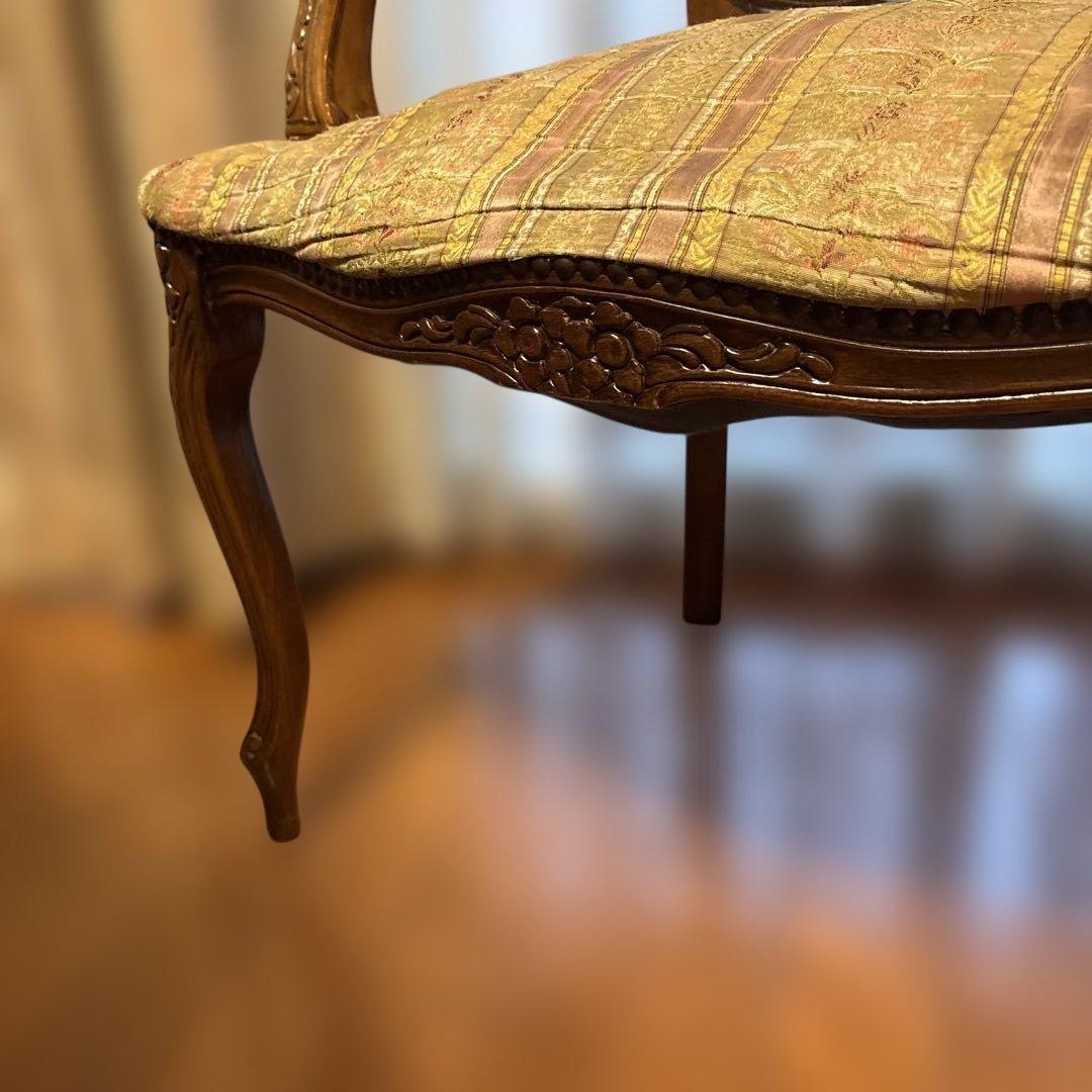 アンティーク　猫脚アームチェア　ピンクストライプ　ヨーロピアン　ダイニングチェア